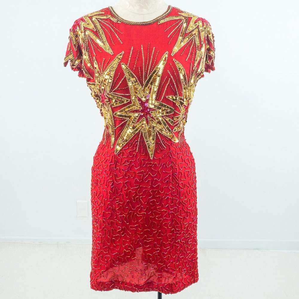 Vintage 80s 90s S/M July 4th Fireworks Silk Party Beaded Dress Holiday Stars - Picture 16 of 16